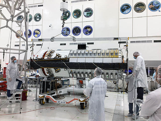 NISAR's lower antenna boom assembly mated onto the radar instrument structure at NASA's Jet Propulsion Laboratory.