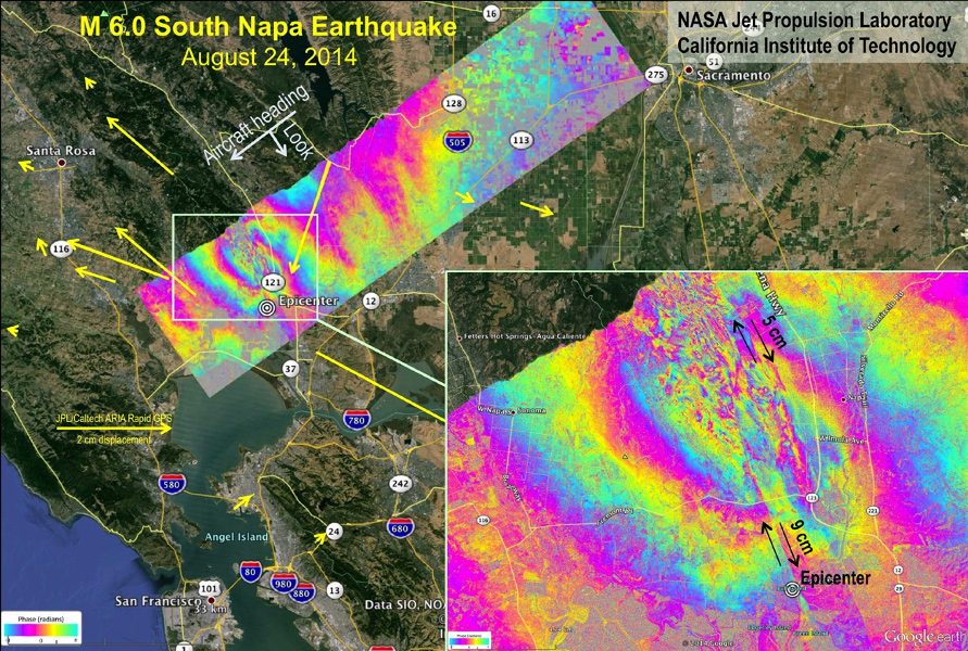 interferogram of fault movement after the 2014 Napa earthquake in Northern California