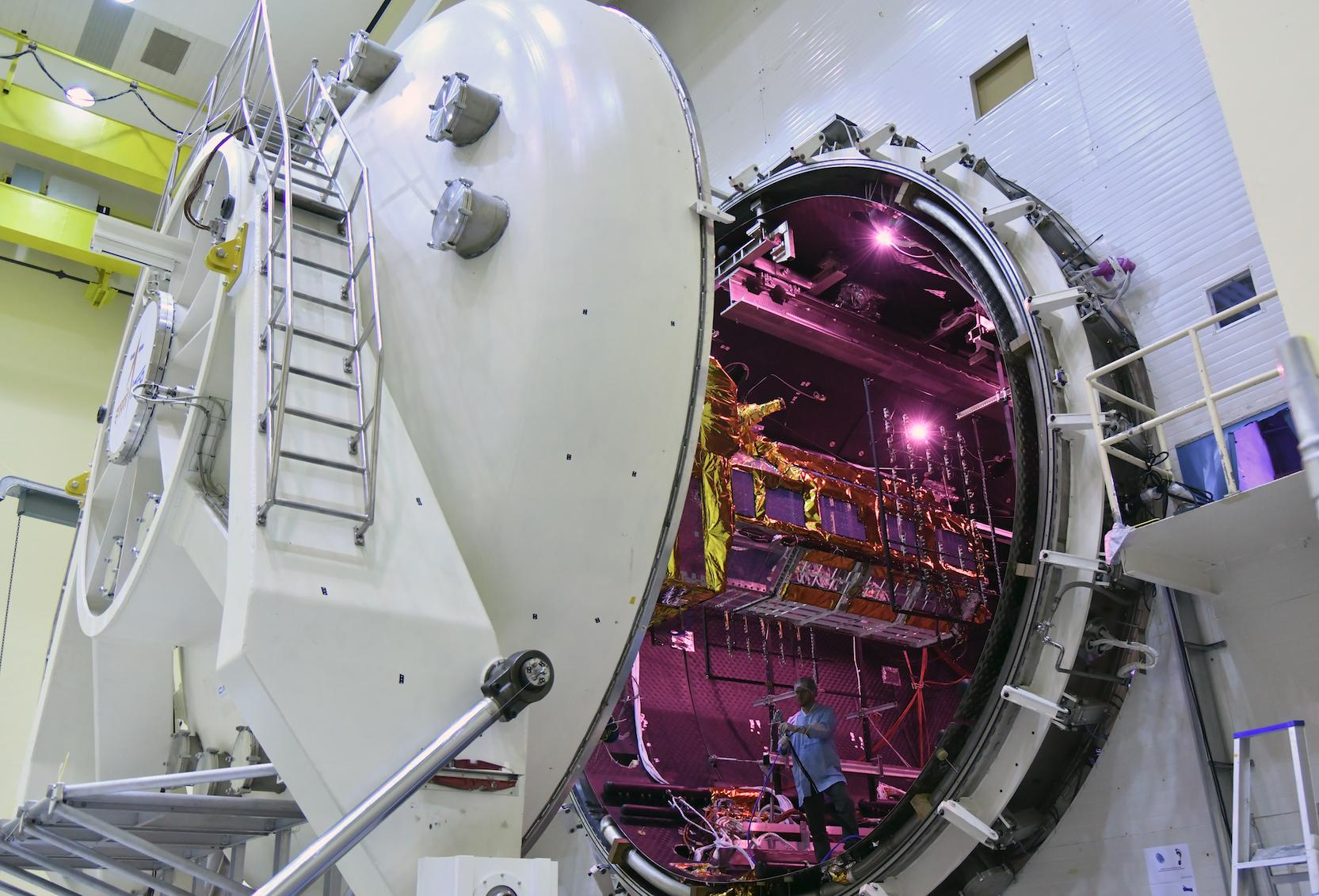 

The NISAR satellite enters the thermal vacuum chamber at an ISRO facility in Bengaluru on Oct. 19. It emerged three weeks later having met all requirements of its performance under extreme temperatures and space-like vacuum.

Credit: ISRO

Full Image Details 

