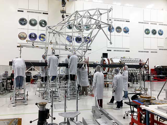 Mating of NISAR's upper and lower antenna boom assembly at NASA's Jet Propulsion Laboratory.