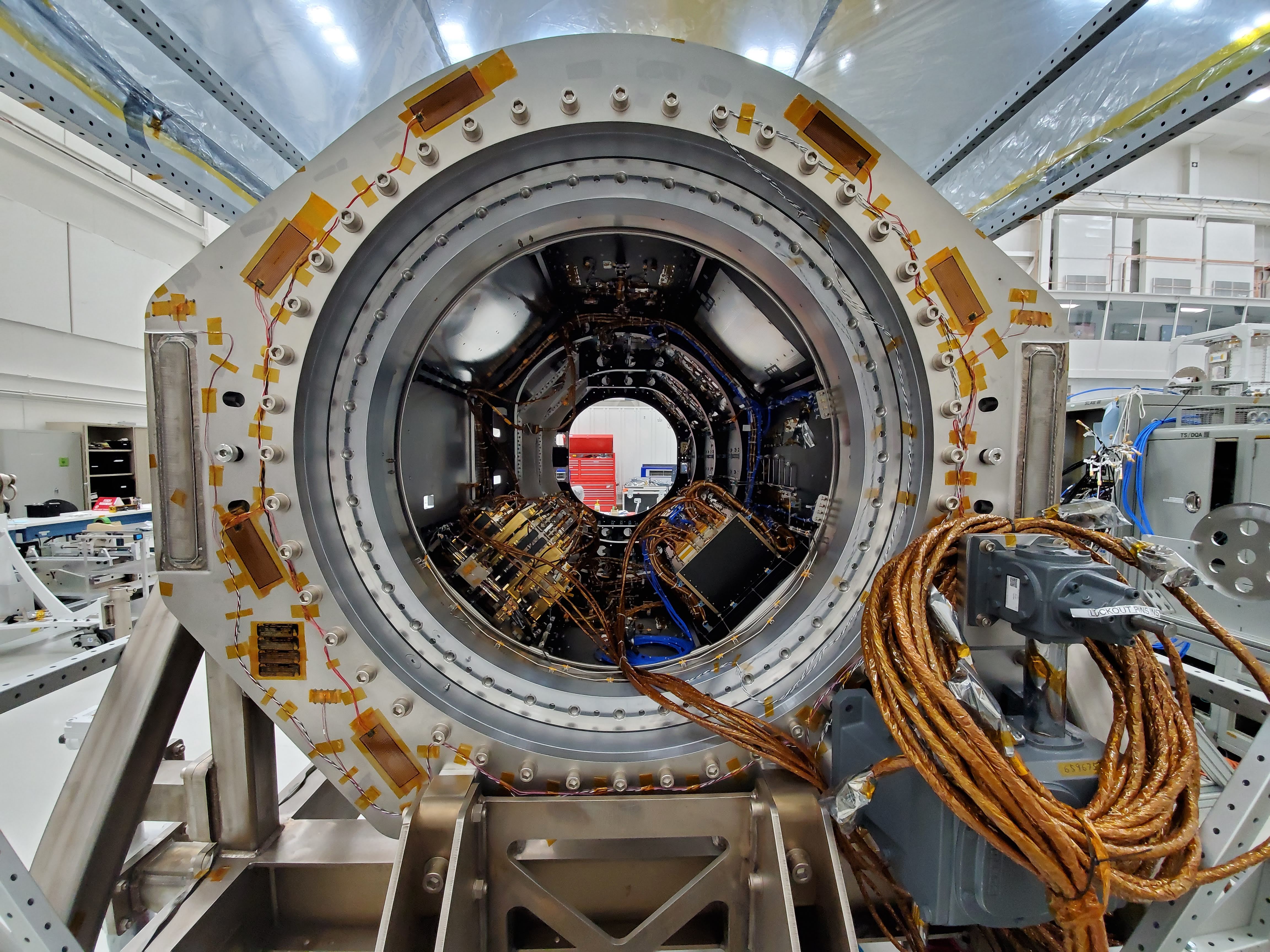 Internal view of NISAR's integrated L-SAR and S-SAR instruments at NASA's Jet Propulsion Laboratory.