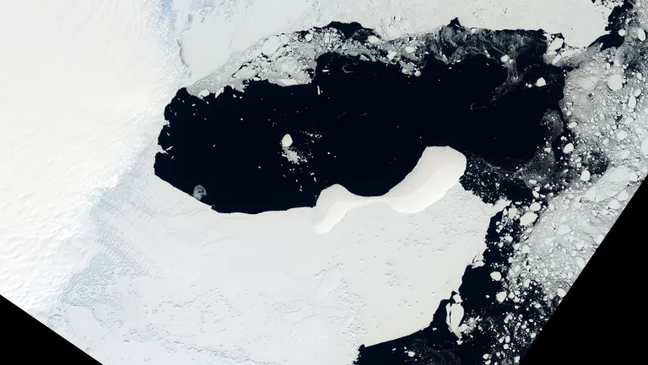 An image from space of the Glenzer and Conger glaciers, with a large swath of ice remaining whole.