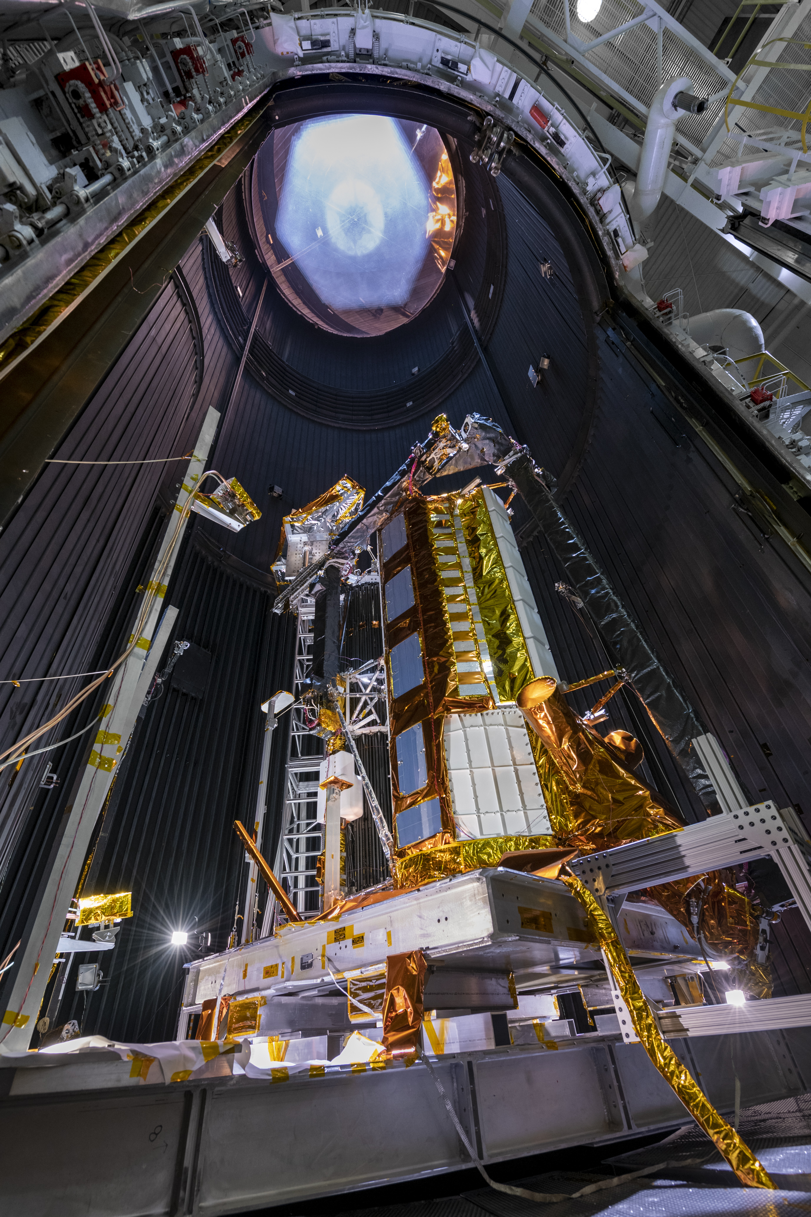 NISAR's flight antenna system undergoes thermal vacuum testing at NASA's Jet Propulsion Laboratory.