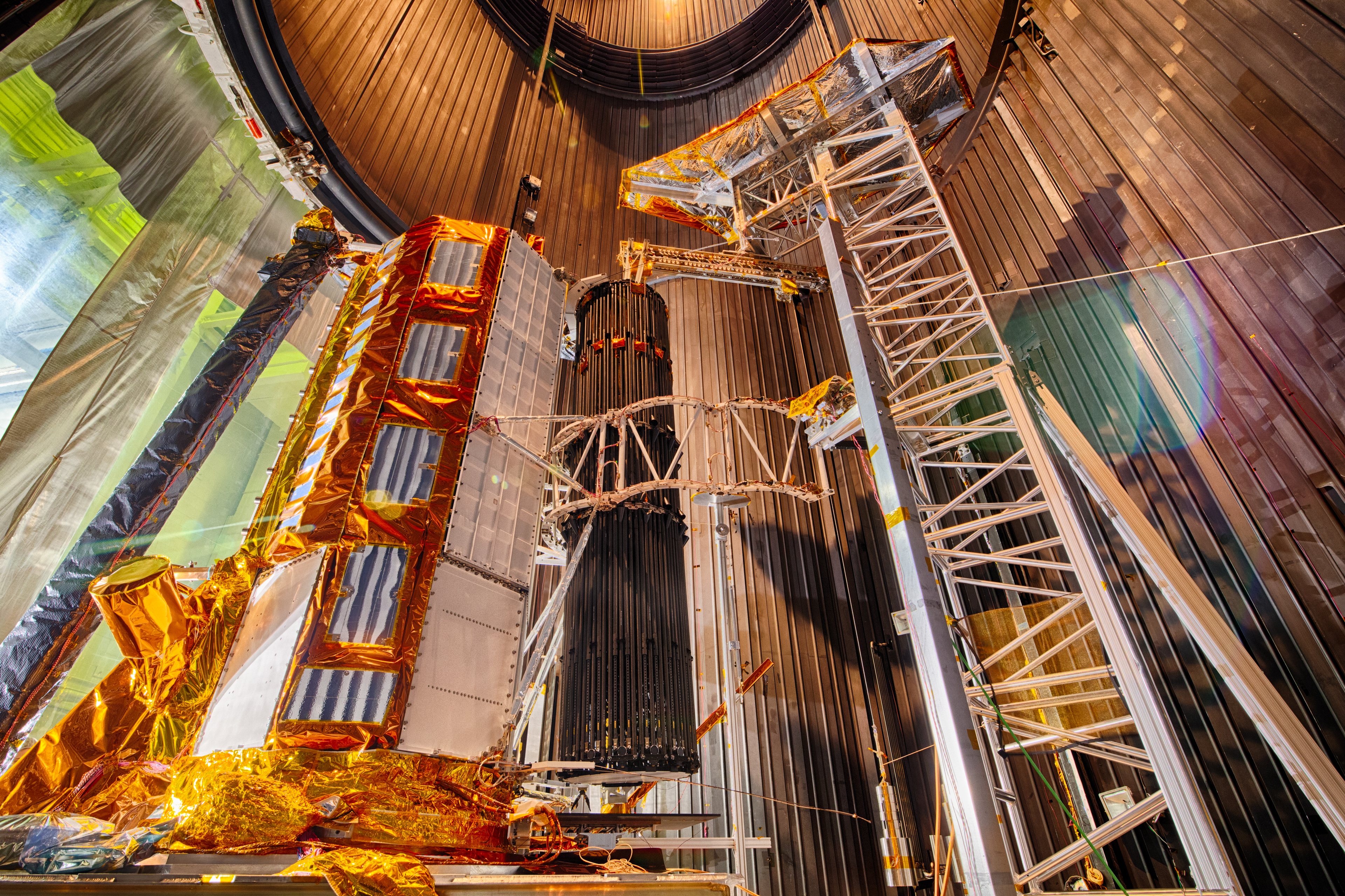 A close-up of the flight antenna system inside the thermal vacuum testing chamber