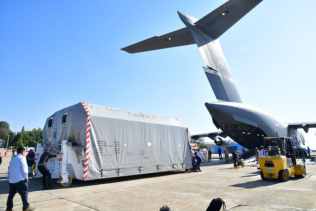 The NASA-ISRO Synthetic Aperture Radar (NISAR) science instrument payload is unloaded from a cargo plane shortly after arriving in Bengaluru, India, on March 6. At ISRO’s U R Rao Satellite Centre, it will be combined with the NISAR satellite body in preparation for launch in 2024.

Credits: ISRO
