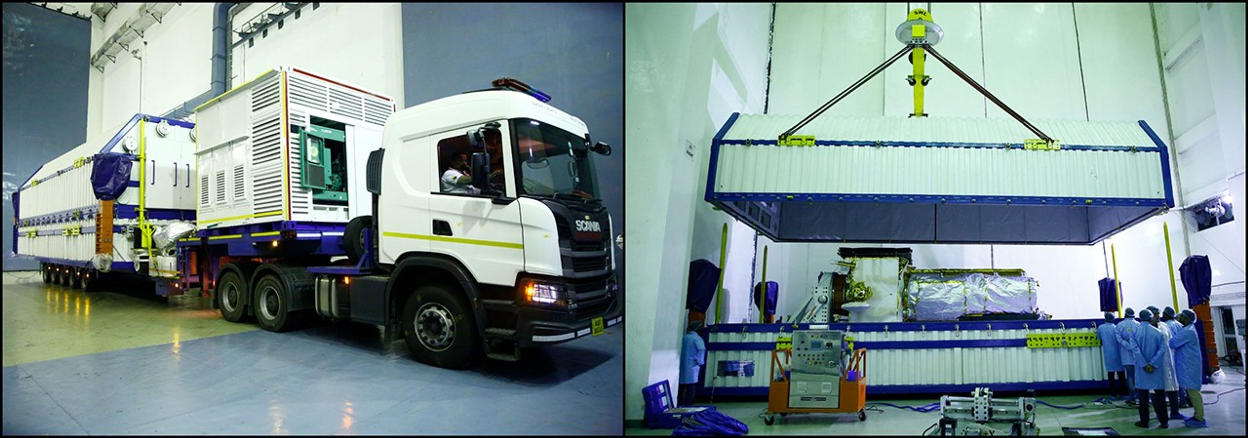 NISAR made the two-day, 220-mile (360-kilometer) trip from the ISRO Satellite Integra-tion and Test Establishment (ISITE) in Bengaluru by truck (left) in a specialized shipping container. It arrived on May 15 at the agency’s launch facility, Satish Dhawan Space Centre, where it was unpacked (right).
ISRO
