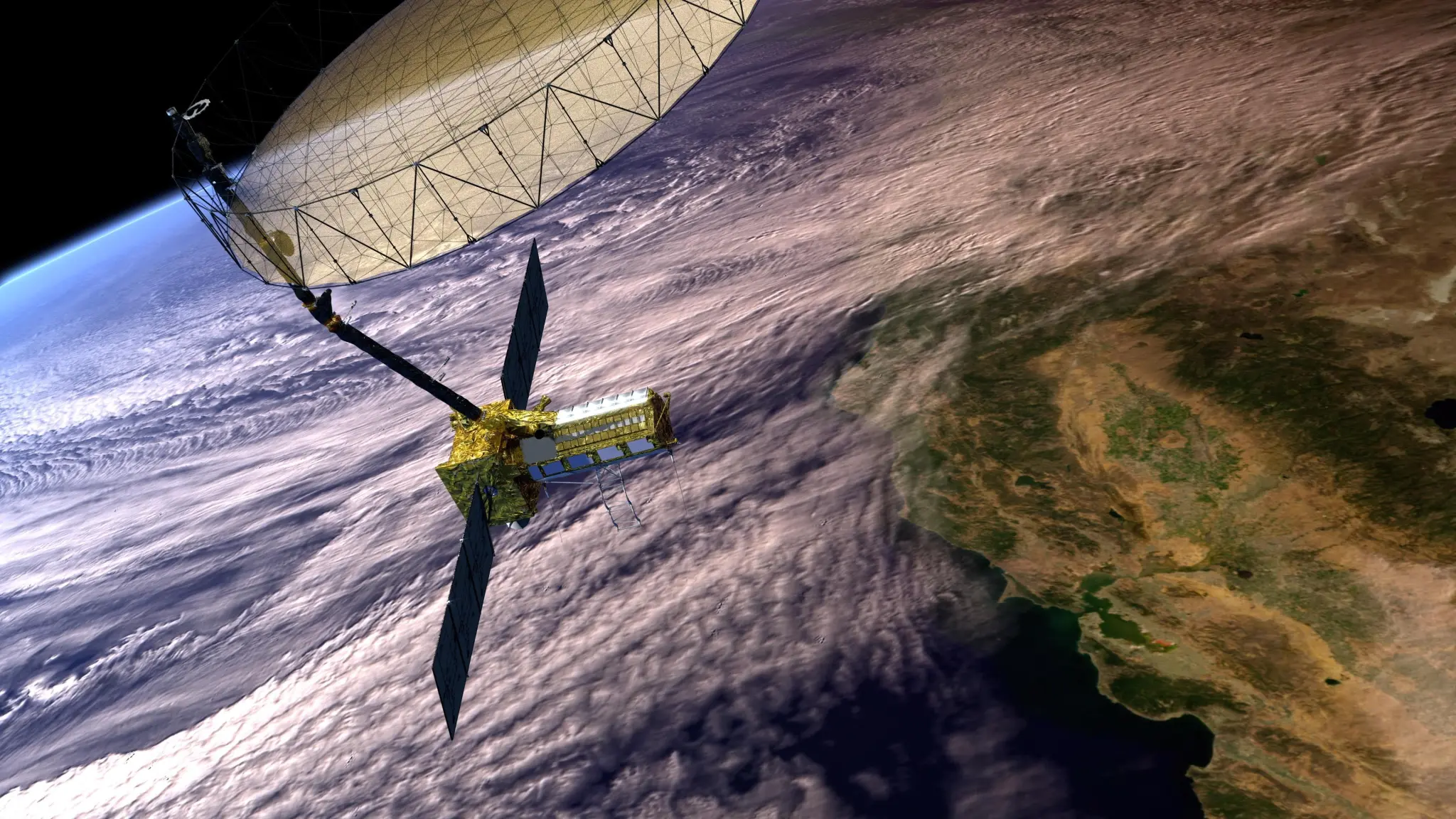 This artist’s concept depicts the NISAR satellite in orbit over central and Northern California. Short for NASA-ISRO Synthetic Aperture Radar, NISAR is a joint mission of NASA and ISRO (Indian Space Research Organisation). Credit: NASA/JPL-Caltech
